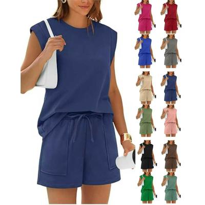 Women's 2026 Summer Solid Color Two-Piece Set: Round Neck Top & Pocket Shorts