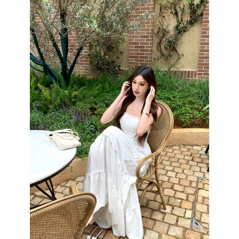 Kumikumi French Style Gentle Wind Lace Stitching Sling Dress Women Summer Waist Hugging Slimming A- Line Skirt Long Dress