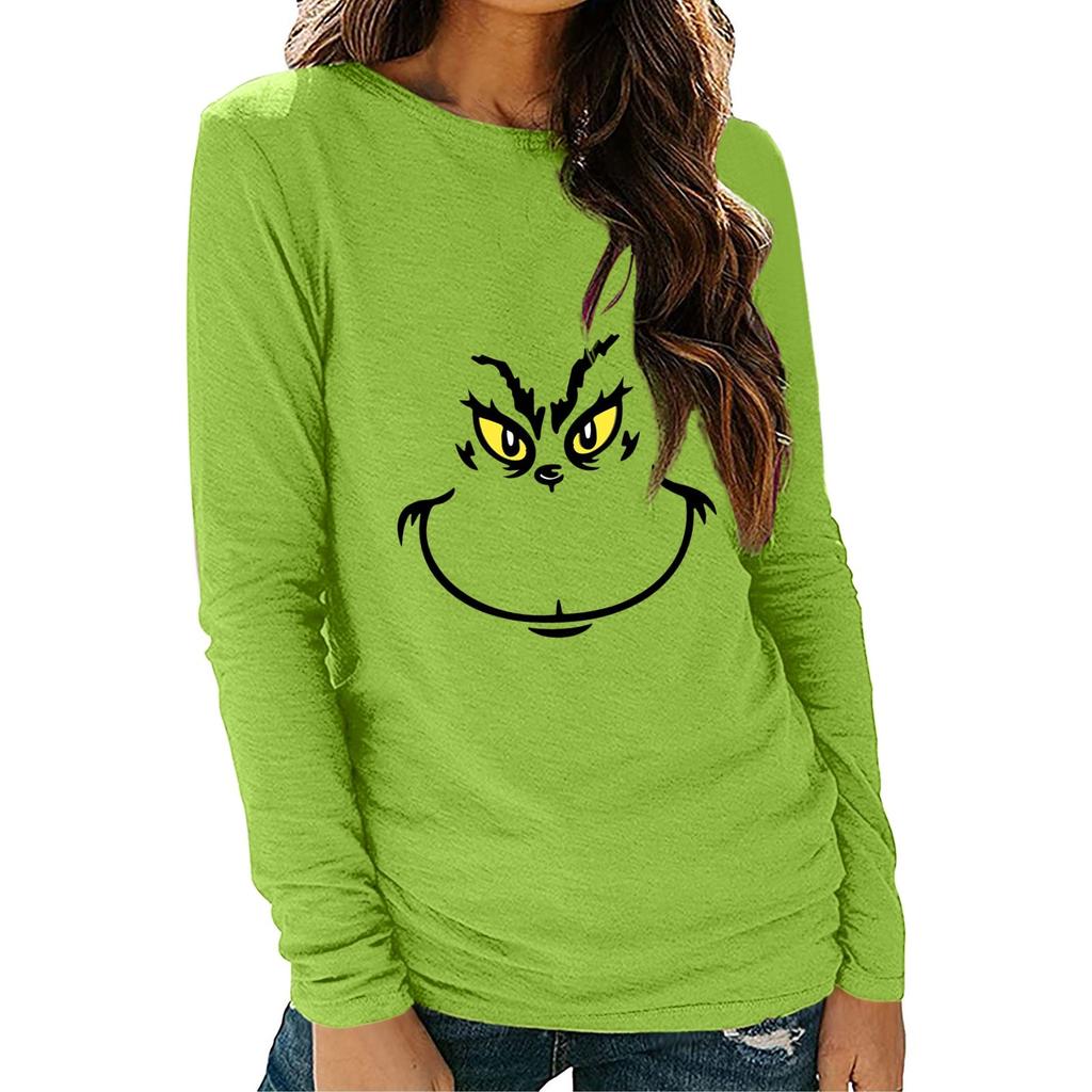 Women's Shirts Christmas Grinchmas Print Long Sleeve Round Neck Basic Tee Top T-shirt