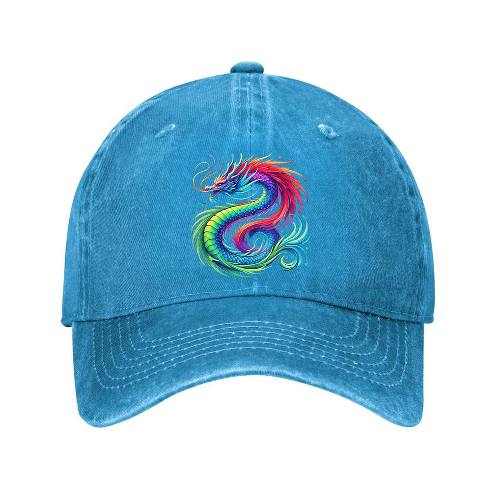 Rainbow Dragon Print Washed Denim Baseball Cap Adjustable Casual Dad Hat Unisex
