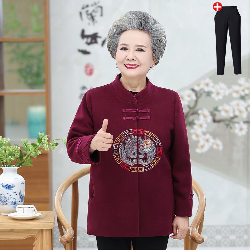 Vintage Women's Spring Woolen Coat - Retro Tang Suit for Middle-Aged and Elderly Ladies