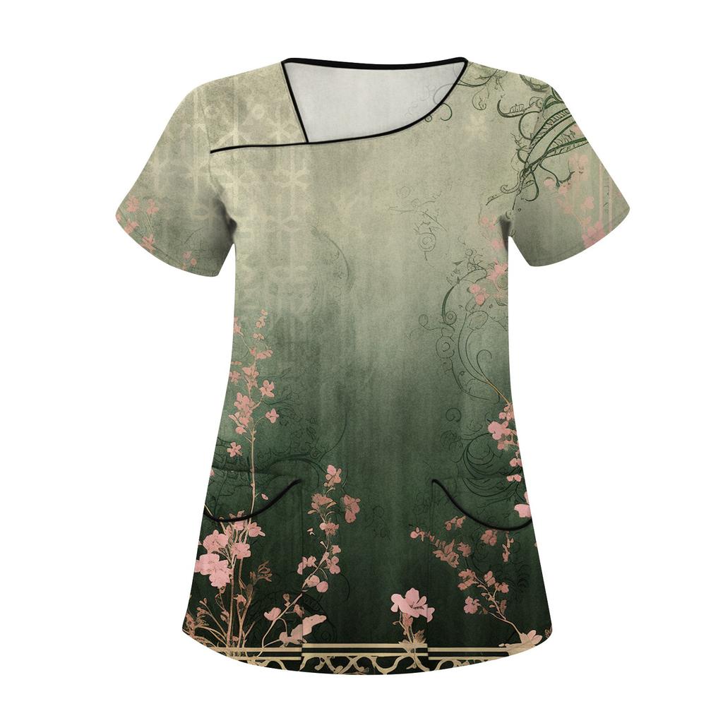 Damen Bedruckte Arbeitskleidung, Schräger Kragen und Doppellagige Taschen, Basic Oberteil Pullover