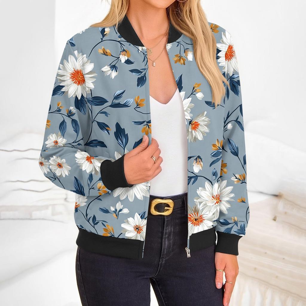 Damenmode Langarm Blumenprint Rundhals Reißverschluss Jacke
