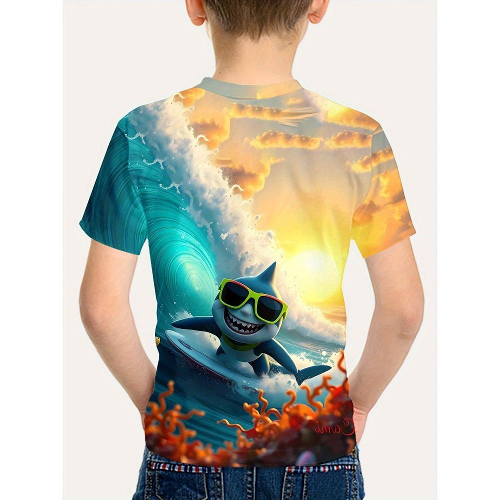 New Boys' 3D Digital Print T-Shirt, Wave/Shark/Sea Lion Design, Short-Sleeve Breathable, Perfect for Outdoor Activities Hot Sale
