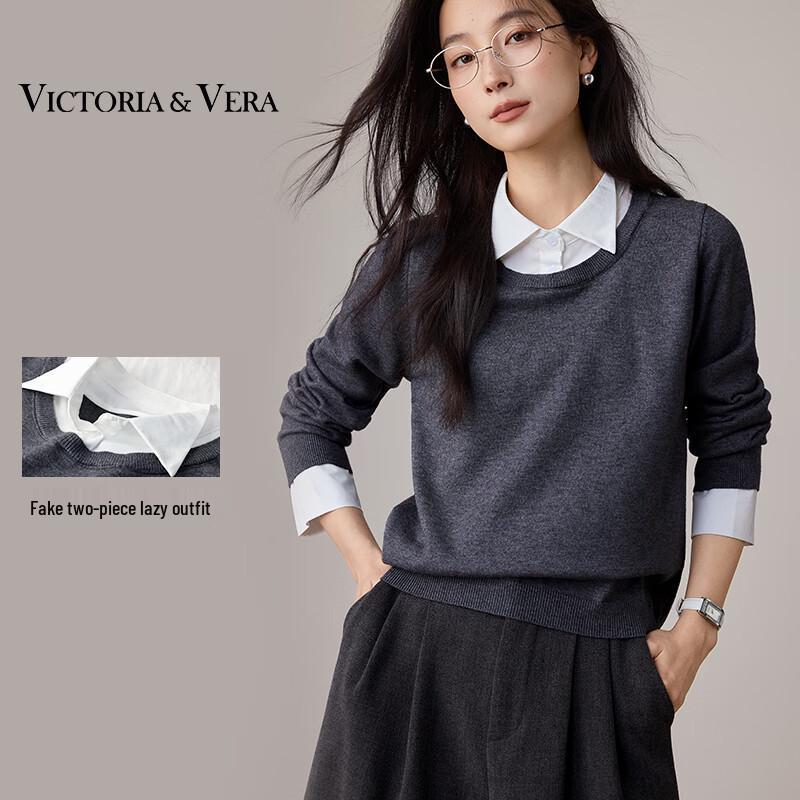 

VICTORIA&VERA Women s Faux 2-Piece Shirt Collar Knit Sweater L