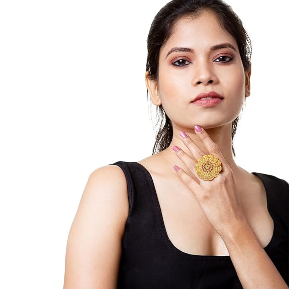 Plated Kundan, LCT, Pearls and CZ Studded Traditional Big Oversized Finger Adjustable Ring for Women