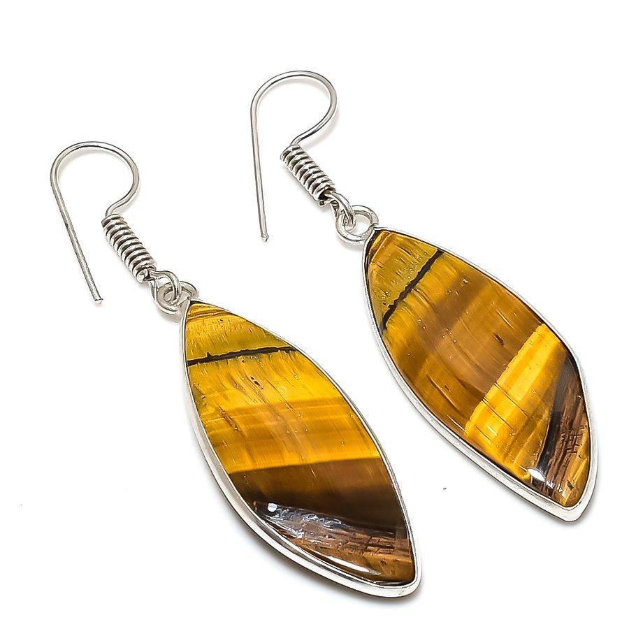 Natural Tiger Eye Gemstone Handmade 925 Sterling Silver Jewelry Earring 1.97" AE-14463