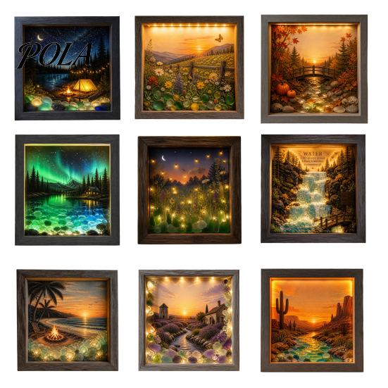 Soft Non-dazzling Night Light LED Photo Frame, Up Picture Wooden with 3D Surround Wall Decor Scenic Art Print, Ambient Lighting for Bedroom