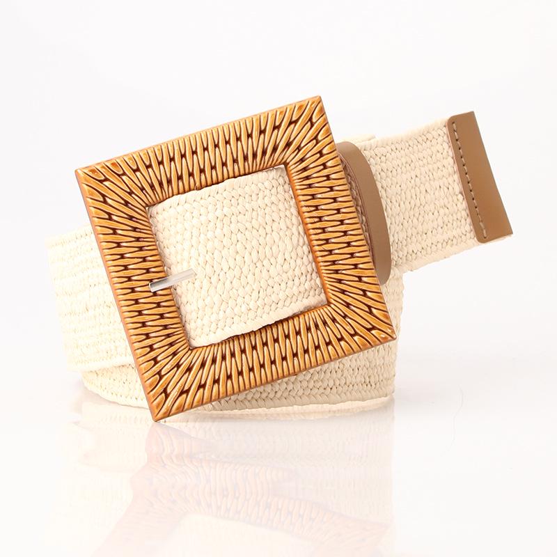 Women's Wide Round Buckle Elastic Belt - Cotton & Linen, Straw Style, Mori Girl Fashion.