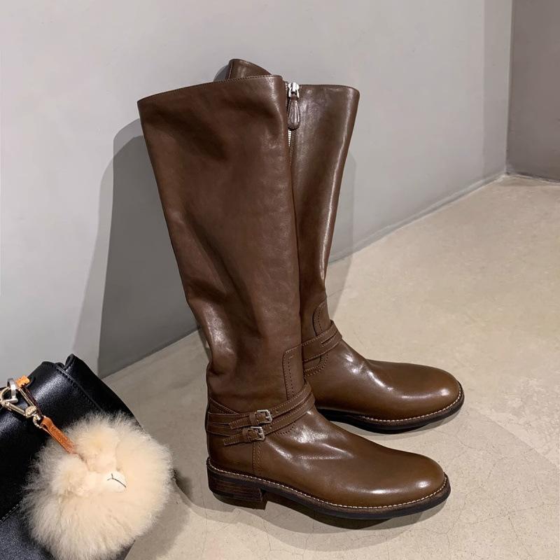 

! Туфли с двойной пряжкой и круглым носком, но молнией сбоку у колена, на толстом высоком каблуке, высокие рыцарские сапоги женские 40 коричневый