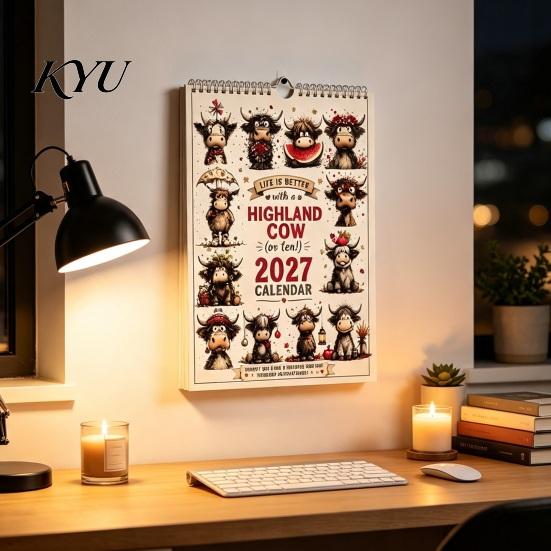 Office Wall Decor Highland Cow Calendar 2027, Cute Hanging Planner for Home Appointment Reminder Book Office, Rustic Farmhouse Desk Decor, Unique