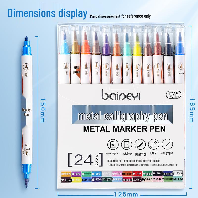 24-Color Dual-Tip Calligraphy and Metallic Pearlescent Outlining Pen Set