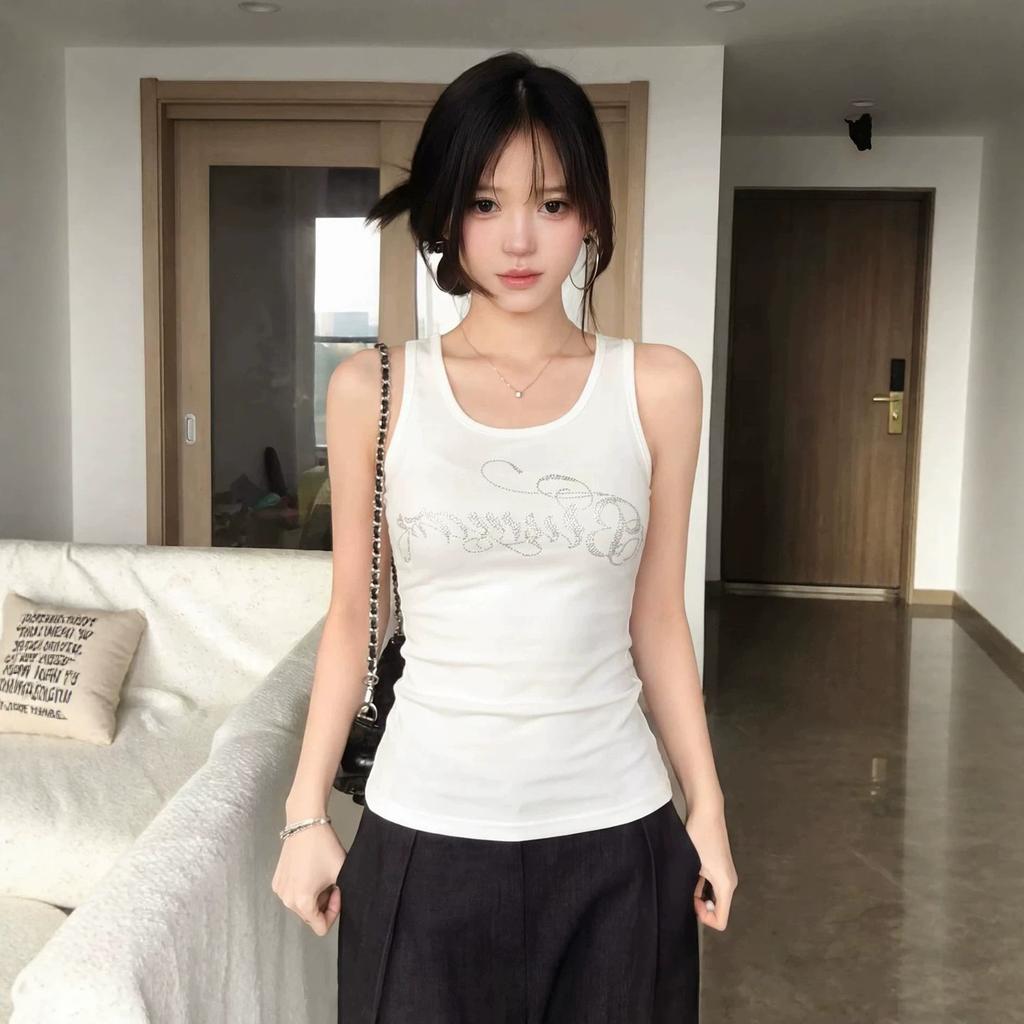 American Hot Diamond Letter Sleeveless I-shaped Vest for Women's Summer Outer Wear, Inner Backing, Slim and Thin Suspender Top