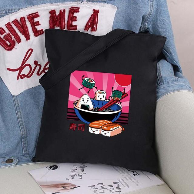 Women Shopping Bags Cute Cartoons Pattern Series Eco Shopper Shoulder Bag Fashion Black Printing Folding Handbag Canvas Tote Bag