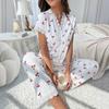 European & American Style Women's Pajama Set: Sexy V-Neck Lace Cherry Print T-Shirt with Slim-Fit Long Pants - Autumn/Winter Collection