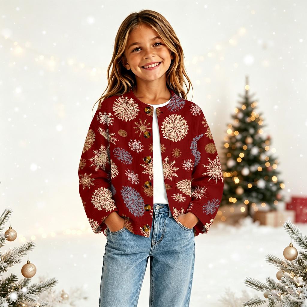 Cardigan Natalizio con Bottoni e Stampa Natalizia per Bambina, per Outfit Festivi e Uso Quotidiano