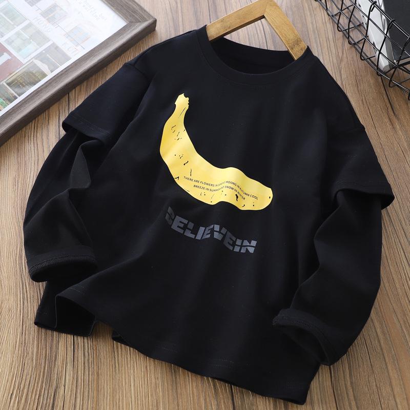 2025 Autumn Big Kids Banana Print Fake Two-Piece Casual T-Shirt