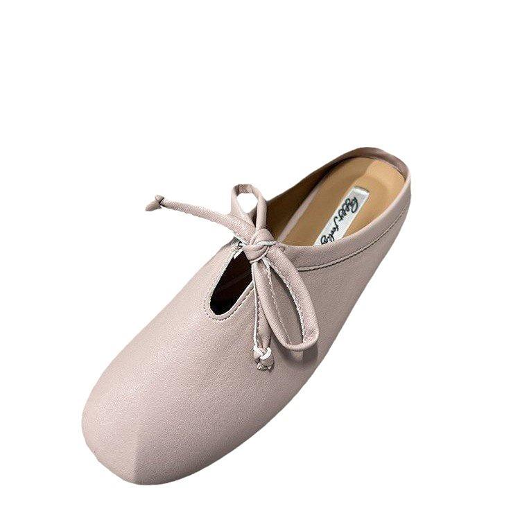 Thick heel half slippers retro evening breeze bow single shoes spring and summer design French women's shoes black loafers