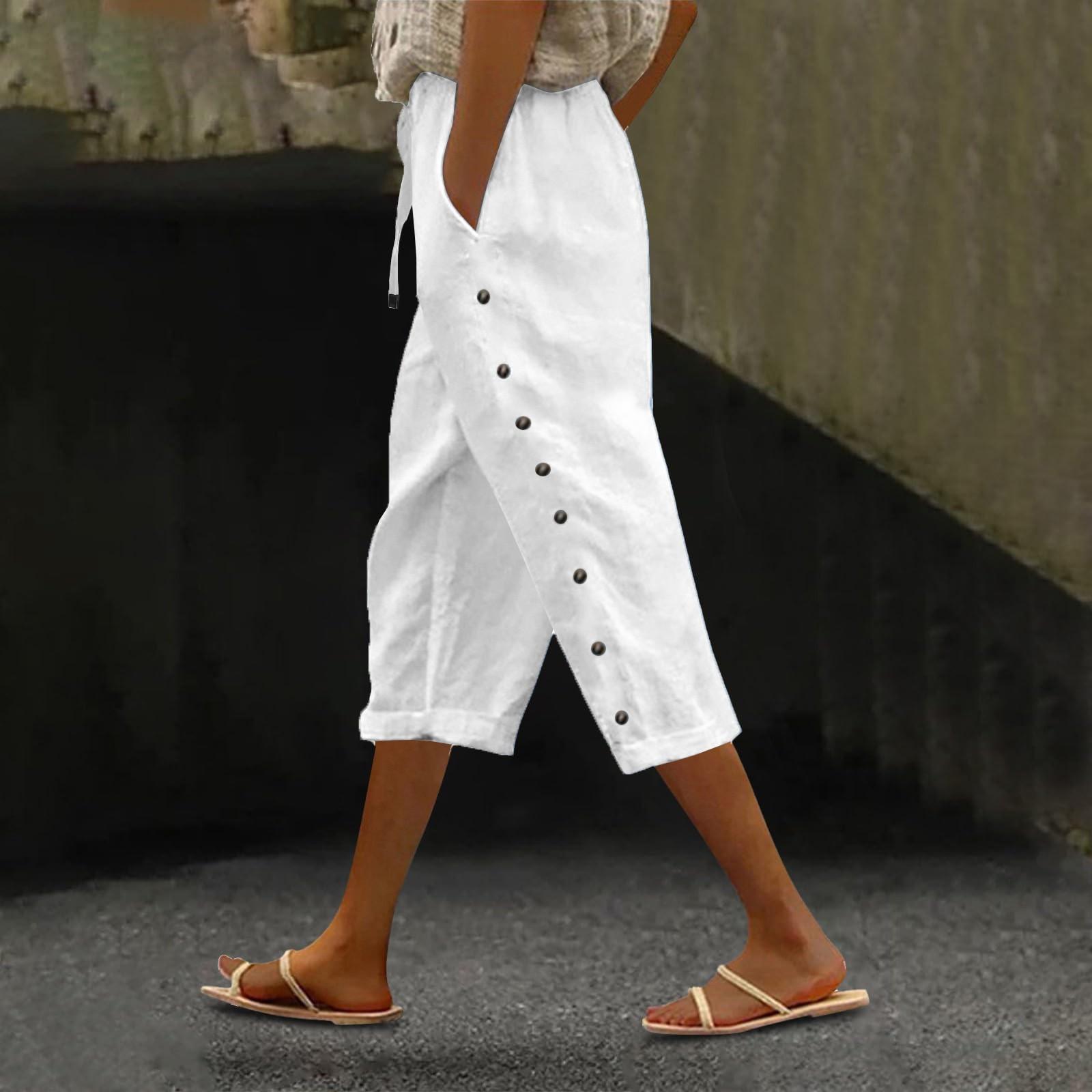 

Жіночі модні вільні повсякденні однотонні штани 3/4 із застібками на ґудзиках XXL білий