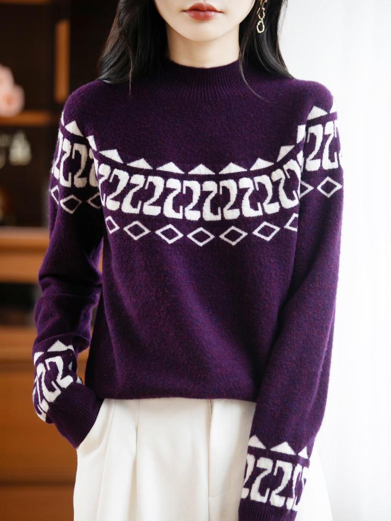 Women's Vintage Fair Isle 100% Merino Wool High Neck Sweater - Loose, Trendy Color Block Knitwear