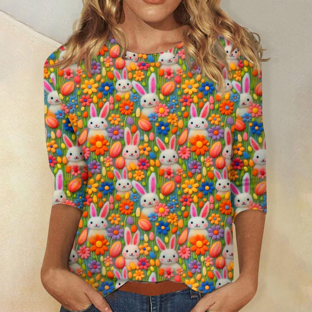 Camisa de Pascua para Mujer de Manga Tres Cuartos Cuello Redondo Corte Holgado Camisa Casual