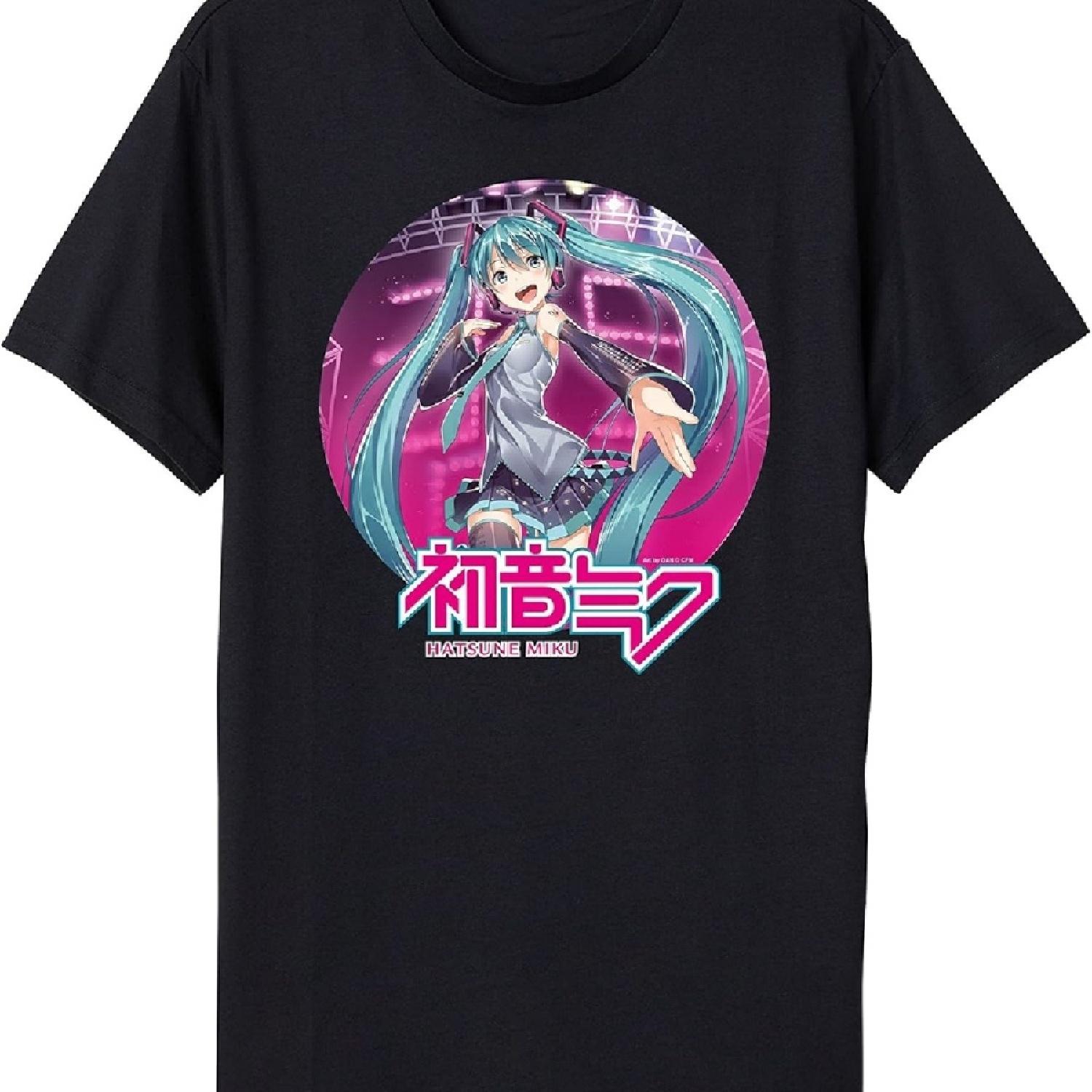 

Чорна футболка з графічним принтом Hatsune Miku, аніме-мультяшний дизайн, кругла рамка XXXXXL