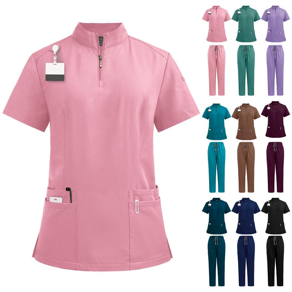 Stand-up Collar Zipper Doctor and Nurse Work Uniform Surgical Gown Straight Pants Solid Color Suit