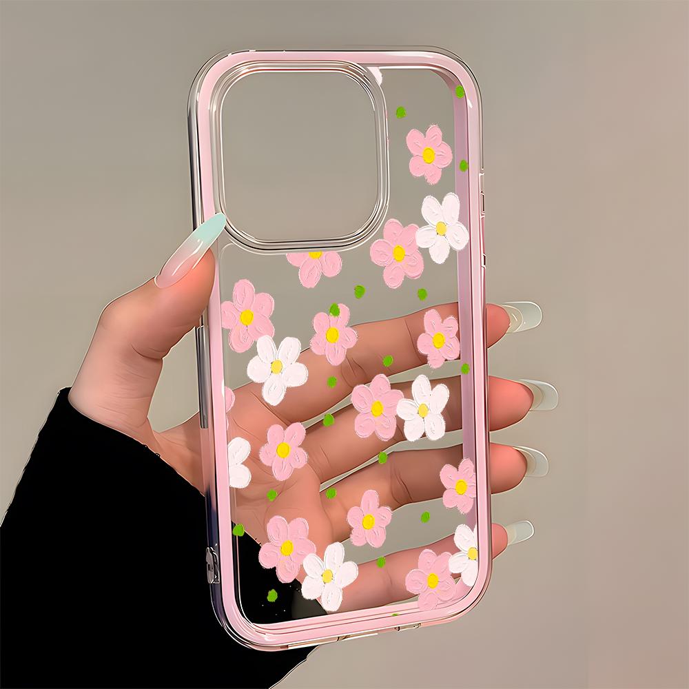 Oil Painting Pink Daisy Pattern Clear Phone Case For iPhone 17 Air 16 15 14 13 12 11 Pro Max Plus 2 in 1 Candy Color Soft Cover