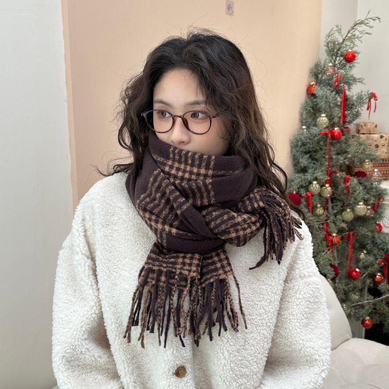 Women's Faux Cashmere Plaid Scarf - Korean Style, Thick & Warm Autumn/Winter Shawl