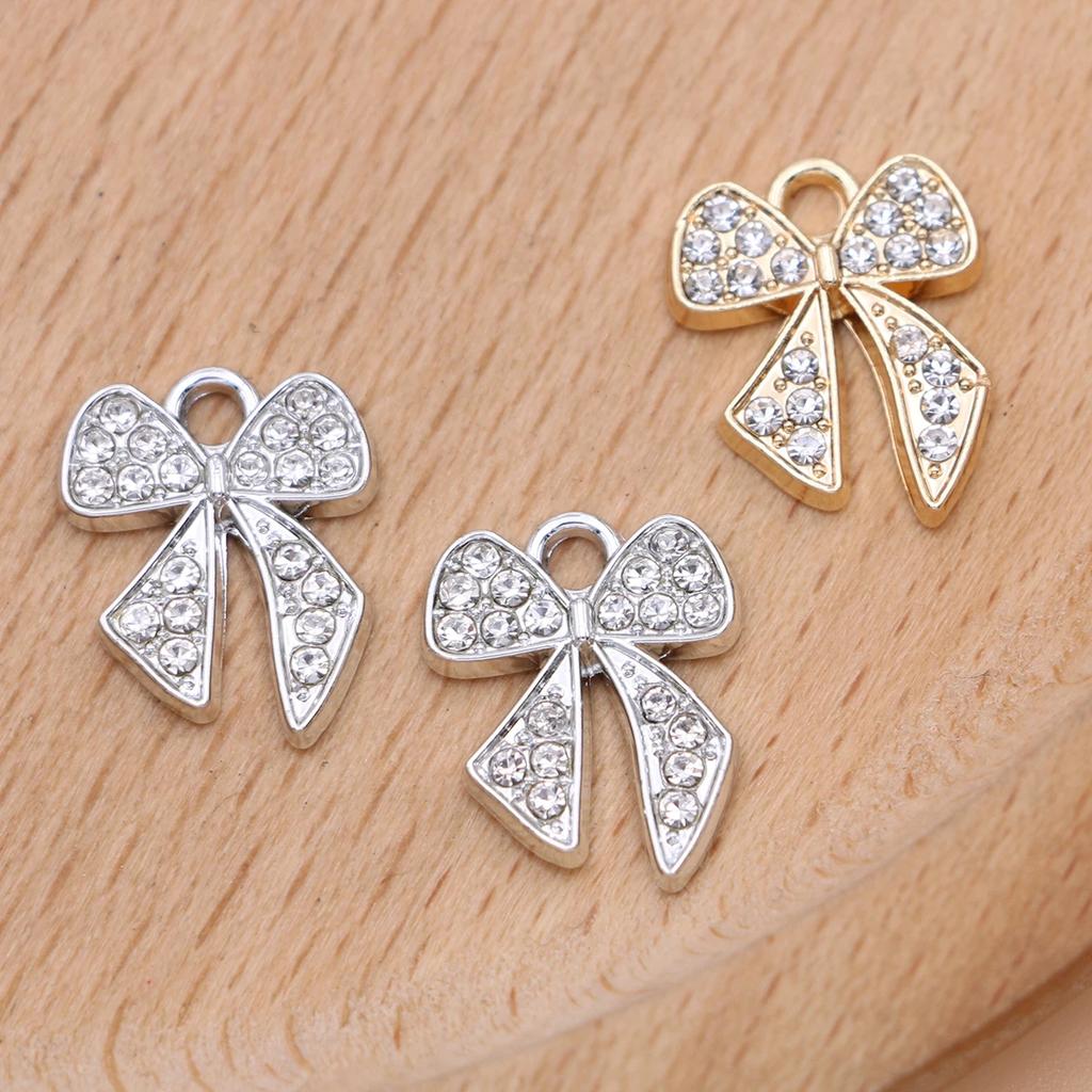 10Pcs Gold Plated Crystal Christmas Bow Charm Pendant For Jewelry Making Earrings Bracelet Necklace Accessories Diy Findings