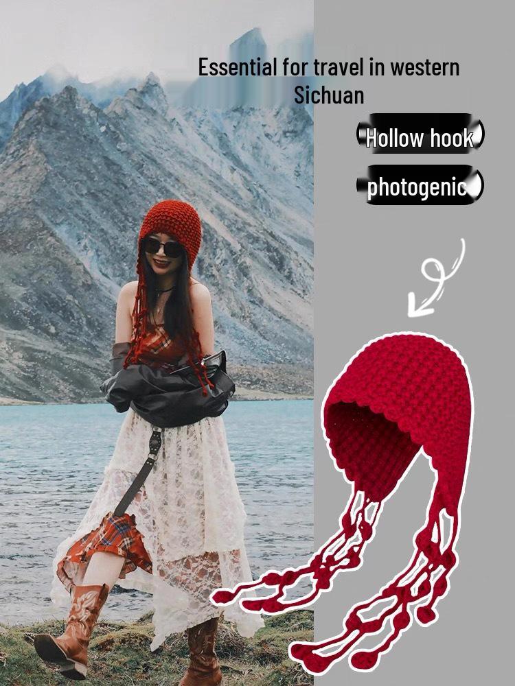 Kawanishi Women's Handmade Wool Beanie with Tassel and Ear Protection