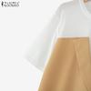 ZANZEA Women Casual Round Neck Summer Short Sleeve Patchwork Blouse