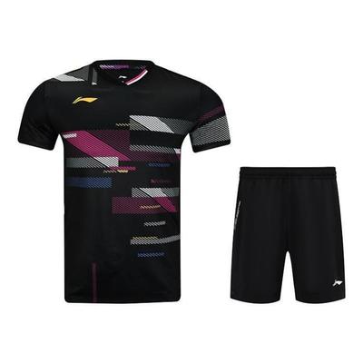 Geometric Color Block V-Neck Quick-Dry Cool Short Sleeve Versatile Comfortable Durable Sports Shorts Badminton Outfit AAYV031-1+AAPU133-1