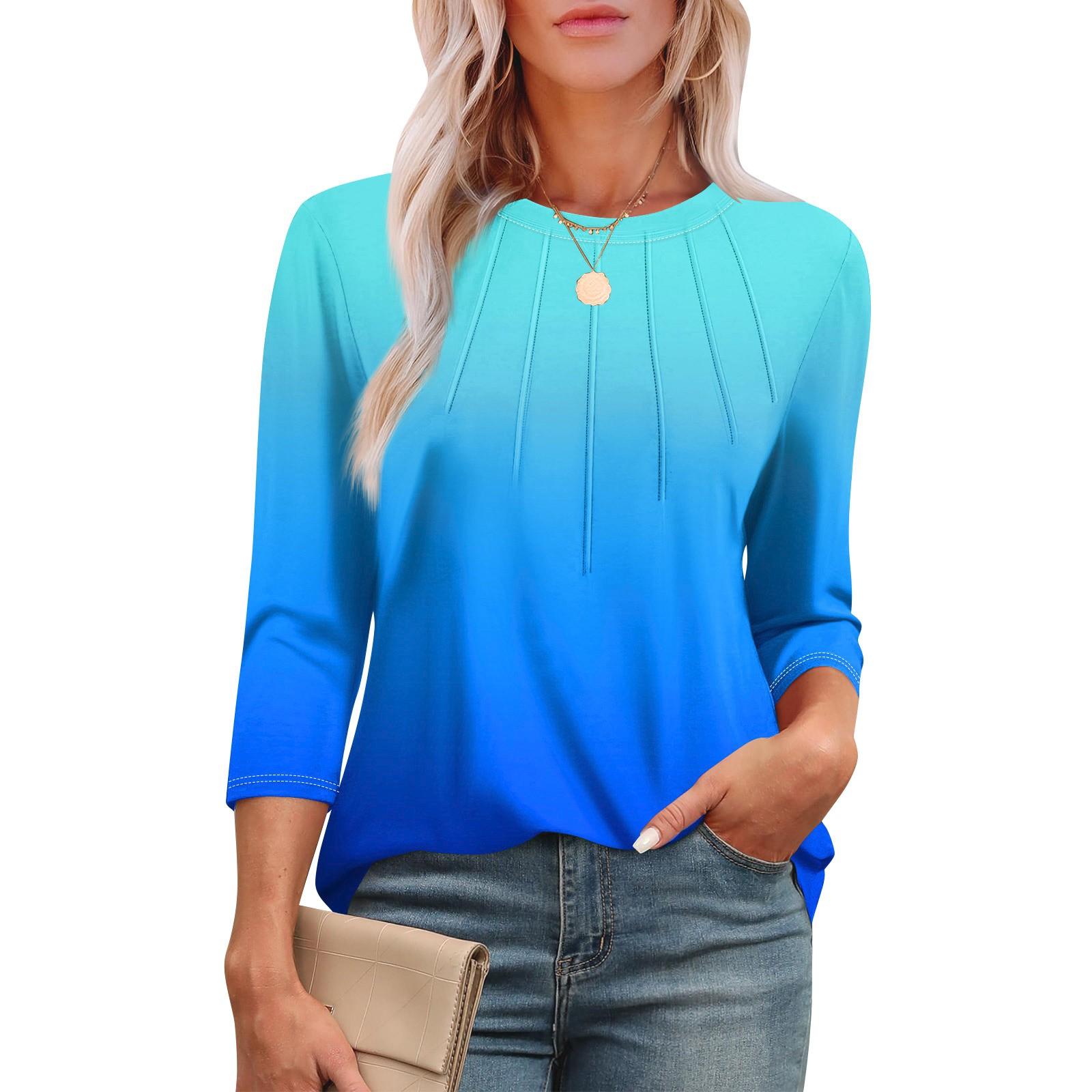 Женская модная футболка с круглым вырезом и рукавом 3/4 с принтом, повседневная, базовая, плиссированная, пуловер M синий