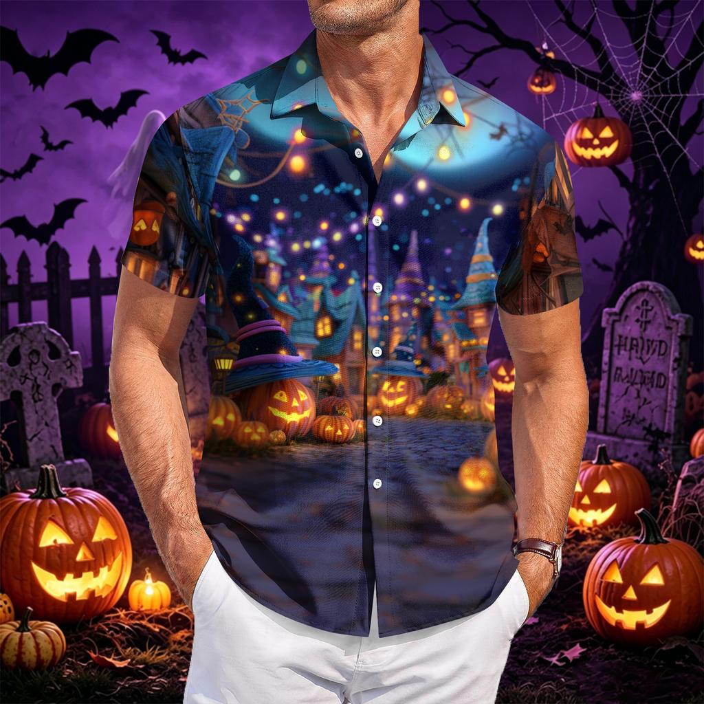 Herren Freizeit Kurzarm Hemd mit Knöpfen Halloween Motiv Fledermausmuster Leichtes Sommerhemd für Strand und Outdoor