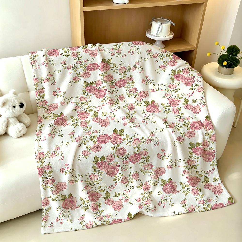 French Floral Print Pink Blanket Soft Warm And Thick Perfect For Bedroom Living Room Bed Sofa Camping Picnic Office Gift