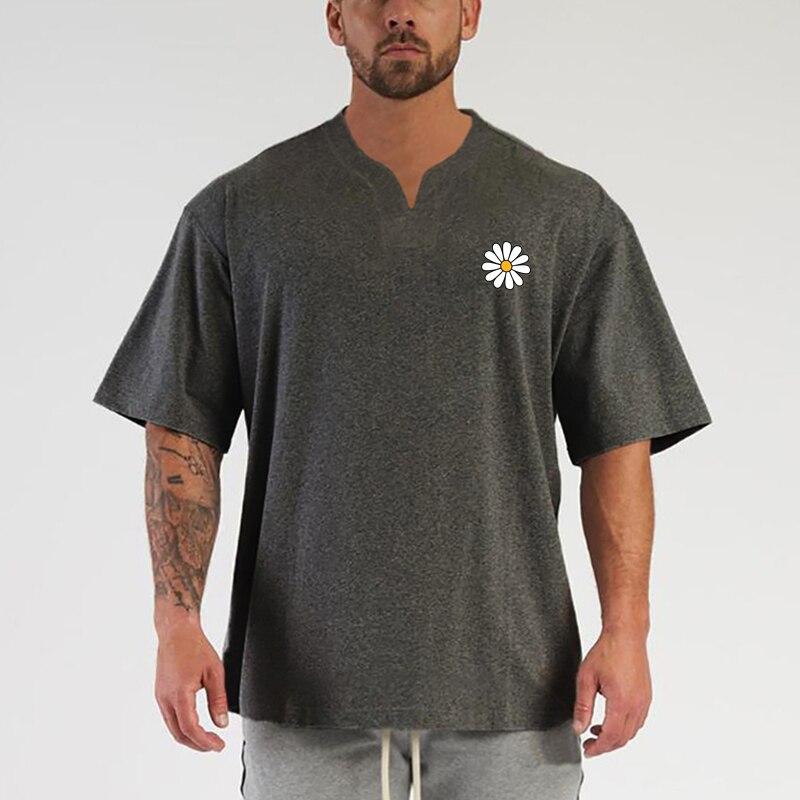 Muscleguys Men's Loose Casual Flower Printed T-shirt Fitness Henry Neck Sports Short Sleeve