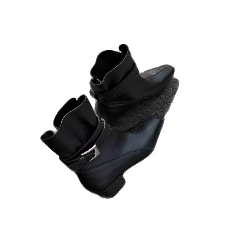[Cowhide] Cowhide/3.5cm retro sleeve two-wear square head short boots women's belt buckle thick heel bundle fashion boots