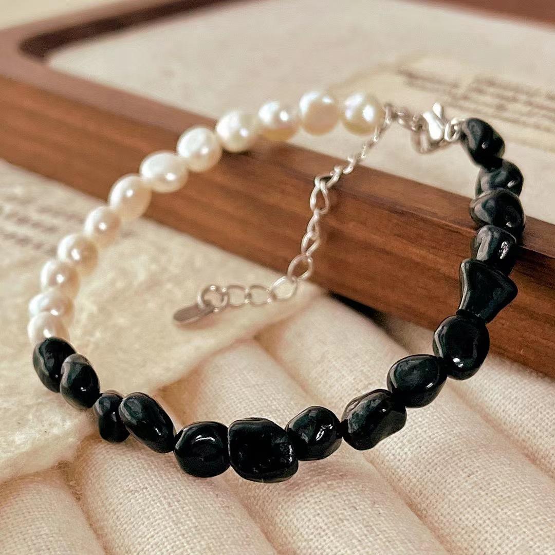 Retro Natural Black Agate Natural Freshwater Baroque Pearl Bracelet Black And White Contrasting Color Bracelet