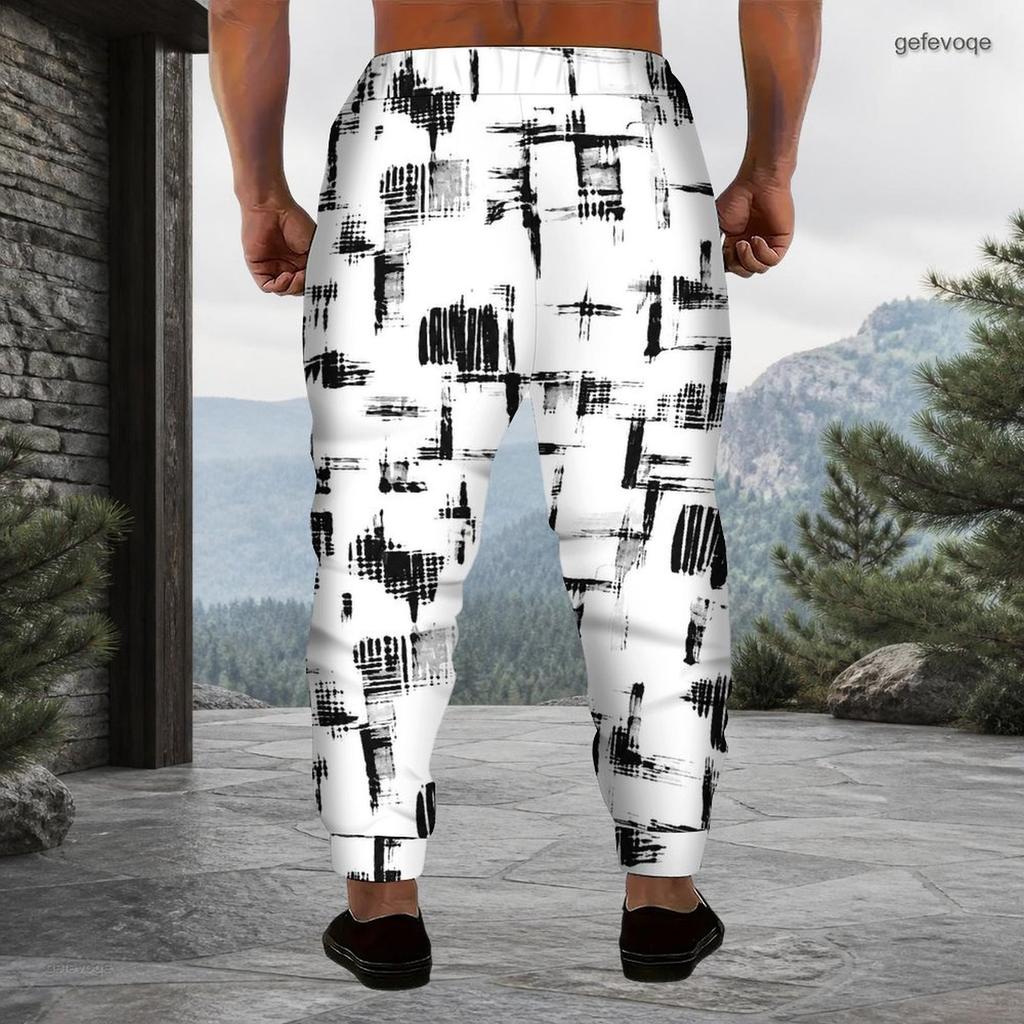 Men s Plus Size Black White Geometric Printed Drawstring Cuffed Ankle Jogger Pants With Side Pockets