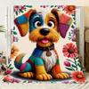 Colorful Cartoon Dog Floral Pattern Blanket - Fluffy Patchwork Dog Design with Vibrant Flowers and Cheerful Expressions - Cozy,