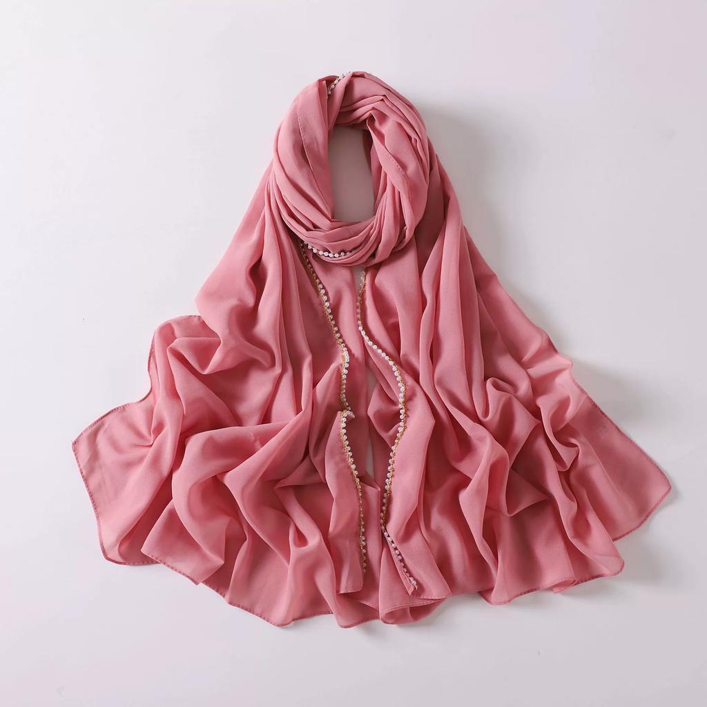 New Pearl Chiffon Hijab Scarf Copper Chain With Black Crystal Pearls Women Muslim Fashion Hijabs For Women Ramadan Turban Femme