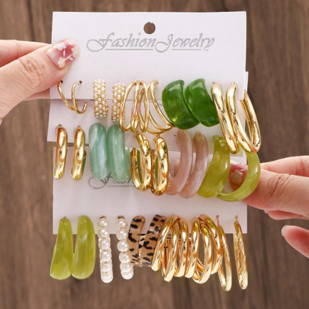 European and American hot-selling simple and exaggerated high-end earrings, earrings set 11 pairs of retro acrylic alloy earrings