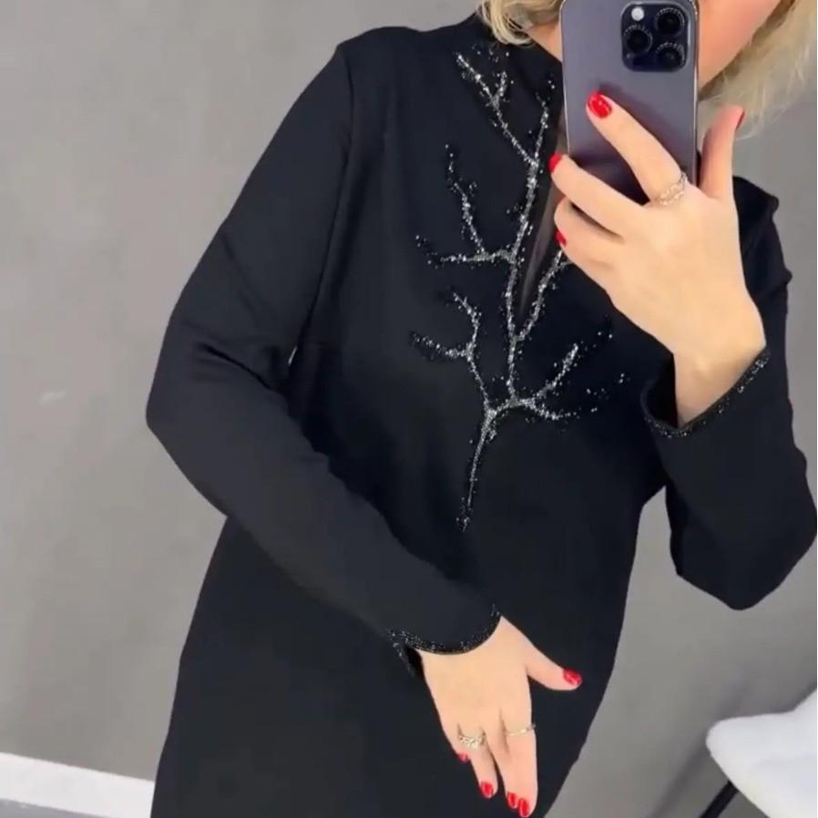2024 European & American Plus Size Stylish Black Long Sleeve Round Neck Dress