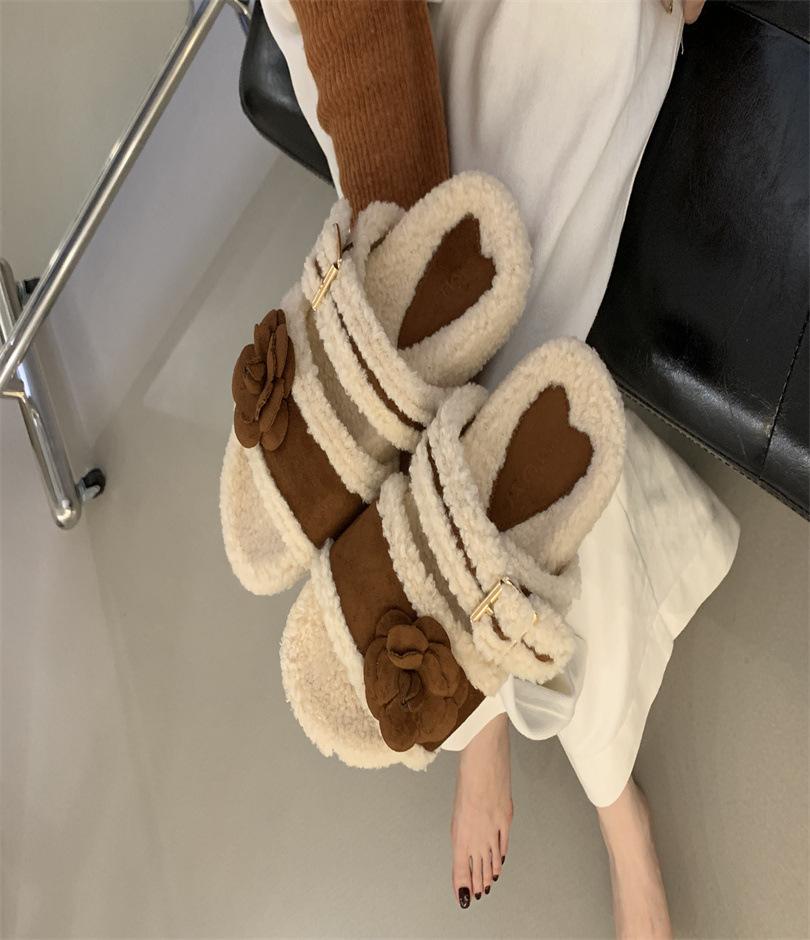 

Winter women s fluffy slippers home shoes Internet celebrity super fire word thick sole versatile non-slip 2025 39 коричневый