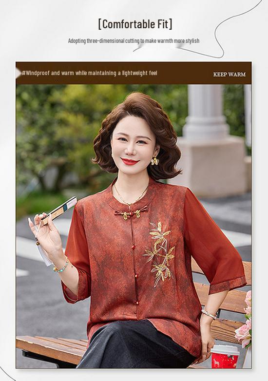 Chinese Style Printed Summer Shirt for Middle-aged & Elderly Women - Slimming Mid-Sleeve Top