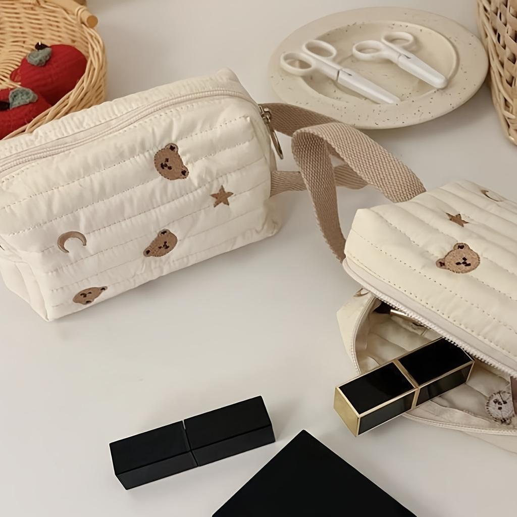 1pc Kawaii Makeup Bag Cosmetic Case Cute Bears Storage Organizer With Handle Aesthetic Zipper Toiletry Bag Beige