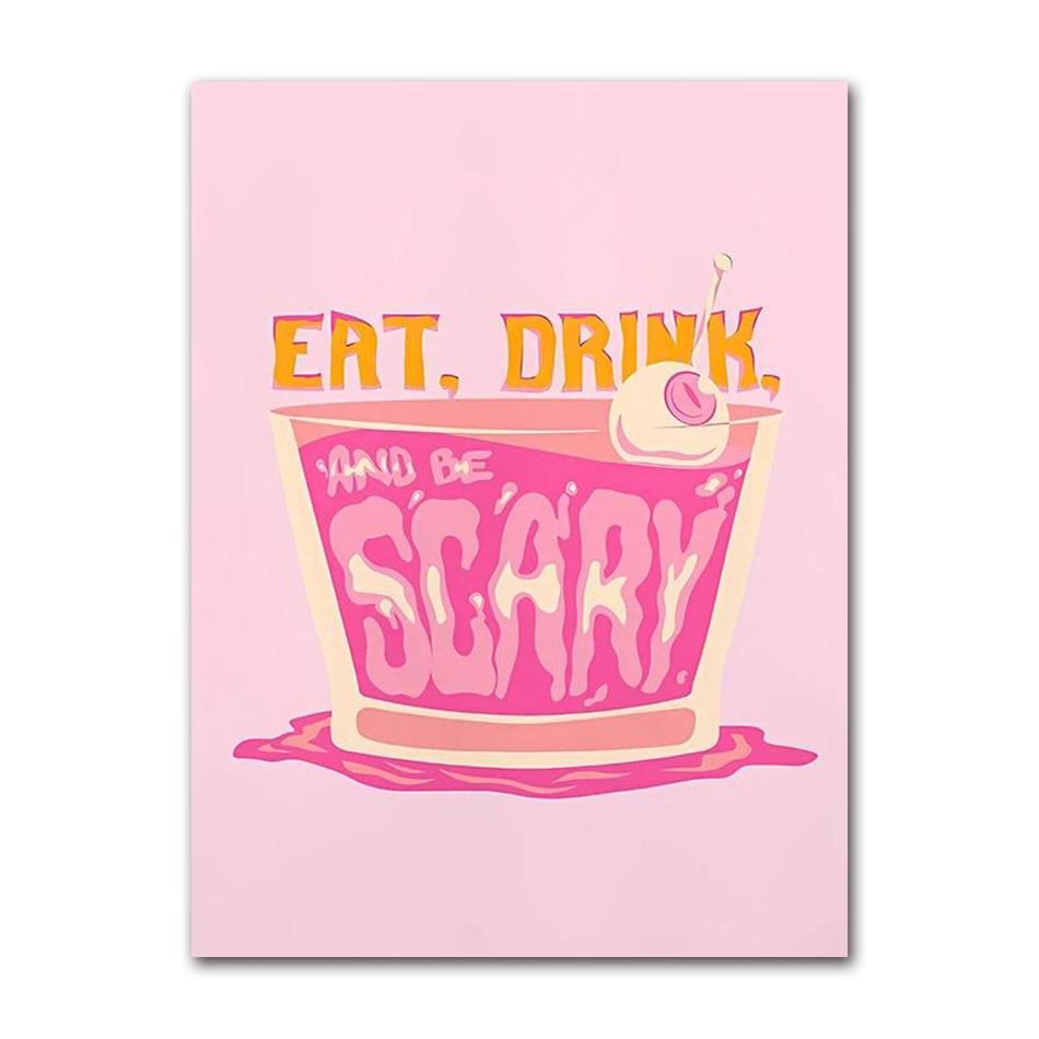Pink Strawberry Lemon Card Cocktails Drink Posters Retro Canvas Painting Living Room Corridor Wall Art Picture Kitchen Bar Decor