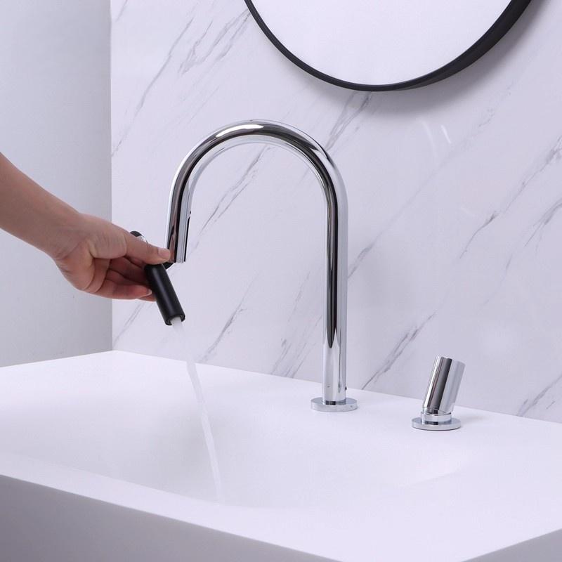 Nickel Ausziehbar Badezimmerarmatur Weitverteilte Waschbeckenarmatur Messing Spültischarmatur Ausziehbar Drehbar Auslauf Mischarmatur Heiß Kaltwasser Wasserhahn