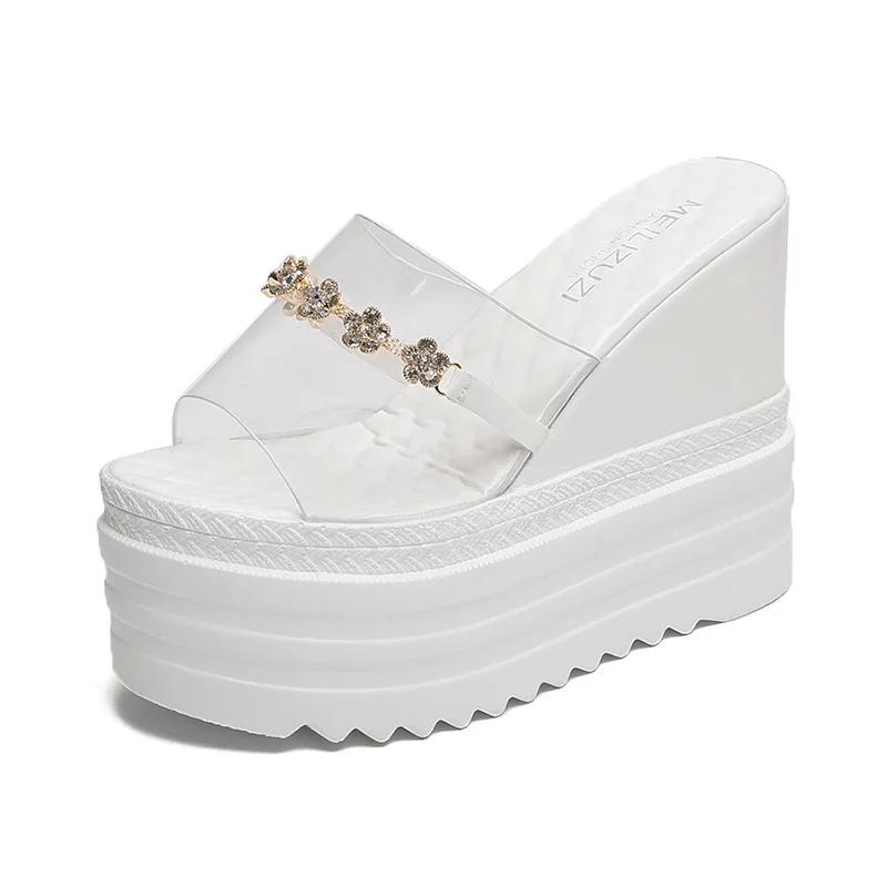 Letnie kapcie damskie wysokość wewnętrzna diament 12cm biszkoptowy koturn japonki moda seksowne rybie usta fajne kapcie sandały